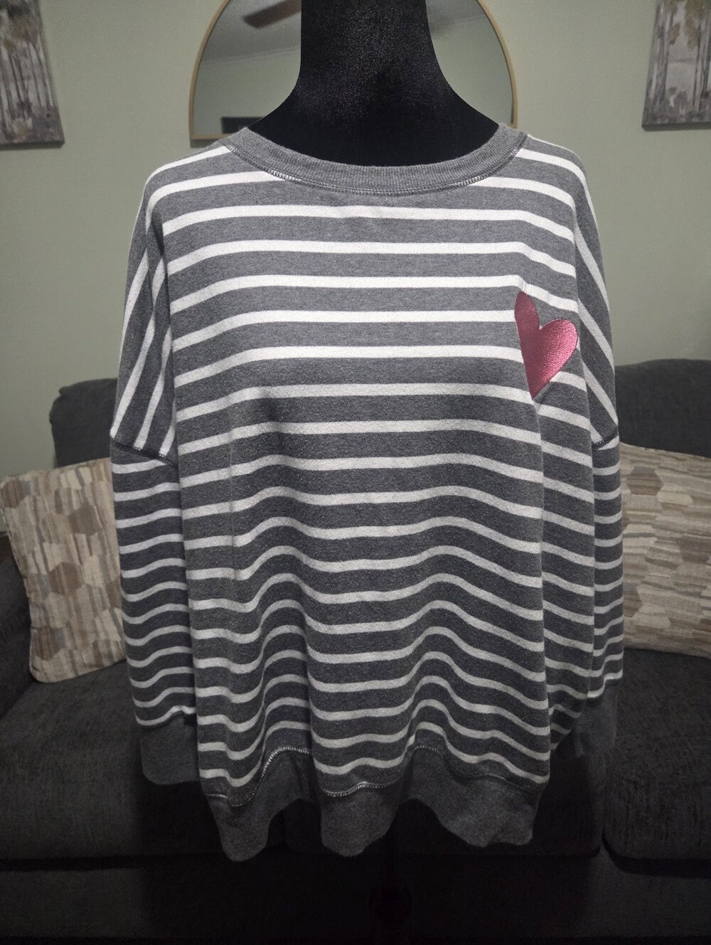 Striped Gray & White Knit Top with Pink Heart Accent